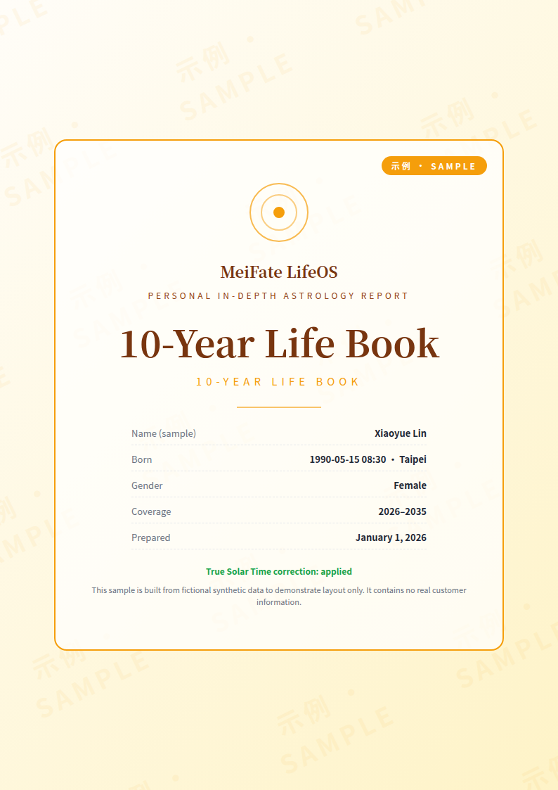 Sample cover of the MeiFate Ten-Year Life Book, a deterministic BaZi life reading report