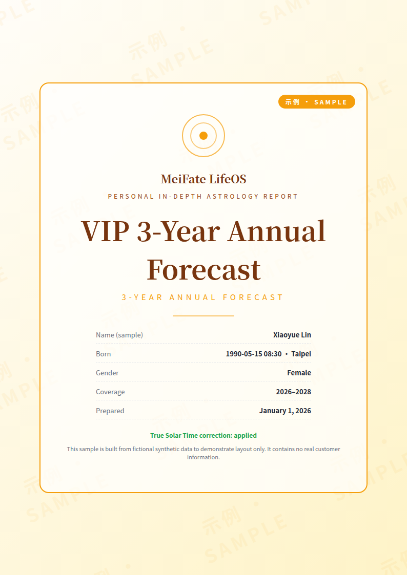 Sample cover of the MeiFate Three-Year Life Book, a deterministic BaZi life reading report